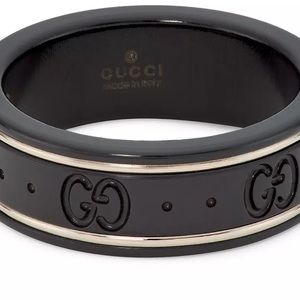 Authentic GUCCI Icon 18K White Gold & Black Synthetic Corundum Ring SZ 15-Unisex